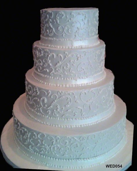 WED054 4 tier round white wedding cake with scrollwork 54 82 | Flickr - Photo Sharing! Wedding Cake Scrollwork, Cake Scroll Work, Bridal Shower Cakes Rustic, Unfrosted Cake, Buttercream Piping, 4 Tier Wedding Cake, Brush Embroidery, Wedding Cake Pops, 3 Brothers