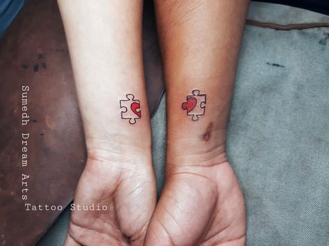 Couple Tattoo design.💞 By..Sumedh Dream Arts & Tattoo Studio Puzzle Piece Tattoo, Heart Tattoo Wrist, Sewing Tattoos, Best Friend Couples, Couples Tattoo Designs, Pretty Henna Designs, Classy Tattoos, Subtle Tattoos, Dream Tattoos