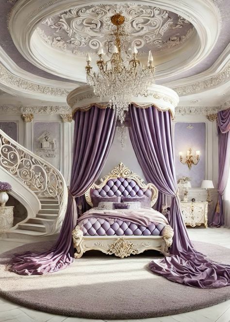 home decor Purple Royal Bedroom, Closet And Vanity, Bedroom With Canopy Bed, Bedroom With Canopy, Bridgerton House, Rococo Bedroom, Luxurious City, Housing Decor, Princess Vibe