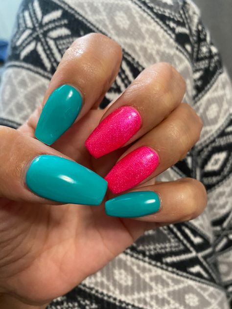 Neon Pink And Teal Nails, Bright Pink And Teal Nails, Hot Pink And Turquoise Nails, Pink Teal Nails, Teal Pink Nails, Hot Pink And Teal Nails, Pink And Teal Nails Design, Turquoise And Pink Nails, Pink And Teal Nails