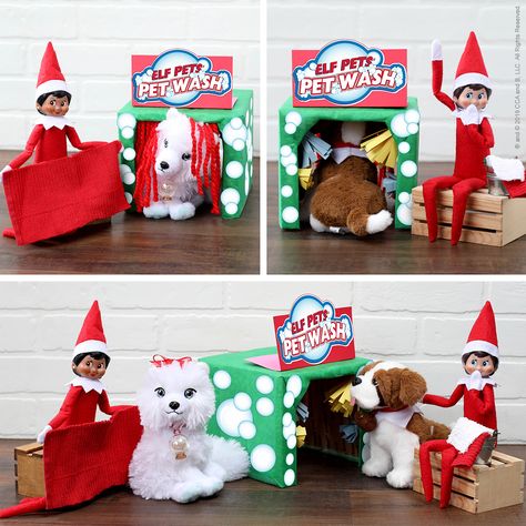 Gather your Elf Pets to build a mini pet wash with these free Elf on the Shelf printables! Elf On The Shelf Ideas With Scooter, Elf With Elf Pet Ideas, Elf Fox Ideas, Elf On The Shelf And Pets Ideas, Elf And Fox Ideas, Introducing Elf On The Shelf Pets, Elf With Pet Ideas, Elf On The Shelf And Artic Fox Ideas, Elf On The Shelf With Pet Ideas