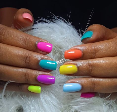 Multi Colored Gel Nails, Multicoloured Nails Summer, Multi Color Gel Nails, Skittles Manicure Color Combos, Different Color Nails On Each Finger, Multi Colour Nail Art, Multi Colour Nails, Multicolour Nails, Multi Coloured Nails