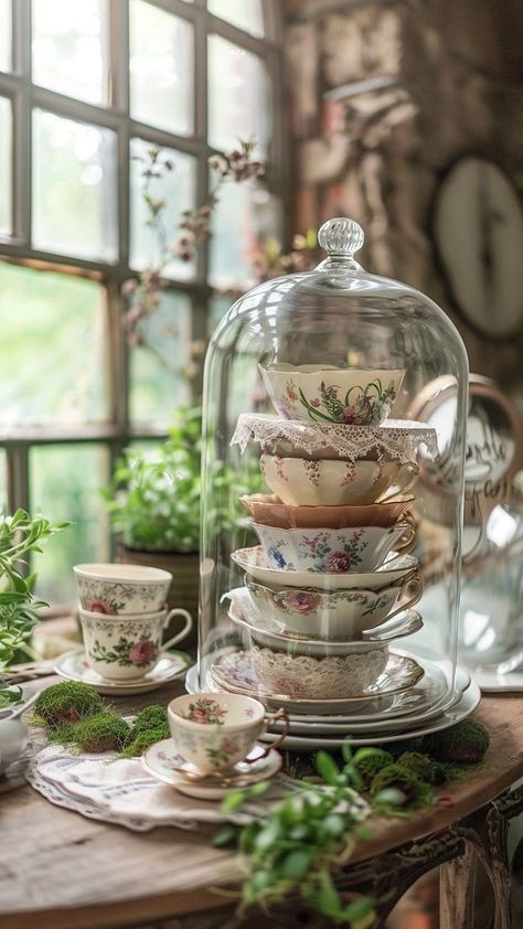 Tea Set Display, Tea Room Decor, Tea Cup Display, Vintage Tea Rooms, Cloche Decor, Crockery Design, Antique Booth Ideas, Tea Decor, English Decor