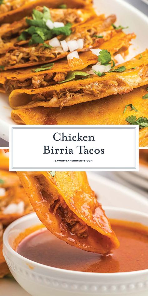 These EASY Birria Tacos, packed spicy, earthy, and aromatic flavors are made with chicken instead of beef! They will have you looking forward to taco Tuesday at home! Chicken Barrio Tacos Recipe, Chopped Chicken Tacos, Crock Pot Chicken Birria Tacos, Authentic Mexican Drinks, Pulled Pork Birria Tacos, Chicken Barrio Tacos, Street Tacos Recipe Chicken, Chicken Recipes Tiktok, Birria Chicken