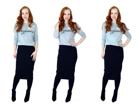 10 Pencil Skirt Outfits to Try | How to wear a pencil skirt Pencil Skirt With Boots, Skirt With Boots, Slogan Sweater, Spy Girl, Outfits To Try, Soft Dramatic, Pencil Skirt Outfits, Skirts With Boots, Roll Neck Sweater