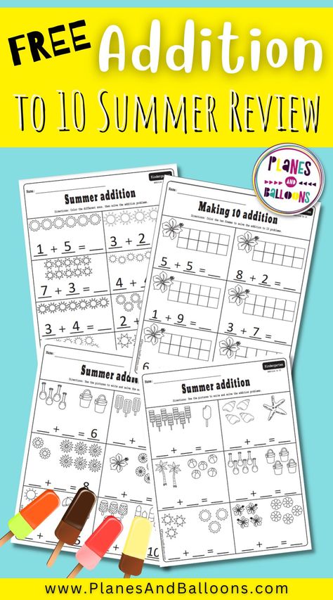 Free printable addition to 10 worksheets for kindergarten summer review. Use these in your classroom ro homeschool when practicing addition. Addition with pictures to 10. Addition with ten frames. Summer Review Kindergarten Free, Summer Math Worksheets Kindergarten, Kindergarten Summer Worksheets Free Printables, Addition To 10 Worksheets, Summer Learning Kindergarten, Addition With Pictures, Summer Math Worksheets, Kindergarten Summer Review, Math Worksheets For Kindergarten