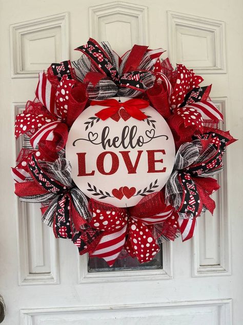 Huntington Wv, Valentines Day Wreath, Front Door Hanger, Hello Love, Hanger Home, Valentine Day Wreaths, Unique Valentines, Mesh Ribbon, Wreath Front Door