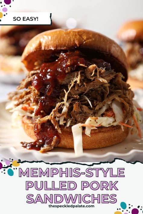 Want to make the BEST Pulled Pork Sandwiches at home? Start with slow cooker BBQ pulled pork, creamy homemade slaw and tangy barbecue sauce. This classic Memphis barbecue sandwich is great for entertaining, too! #EasyEntertaining #SpeckledPalate Bbq Sandwich Recipe, Slow Cooker Bbq Pulled Pork, Slow Cooker Red Beans, Bbq Pulled Pork Slow Cooker, Blue Recipes, Recipes Sandwiches, Bbq Pork Sandwiches, Homemade Slaw, Bbq Pulled Pork Sandwiches