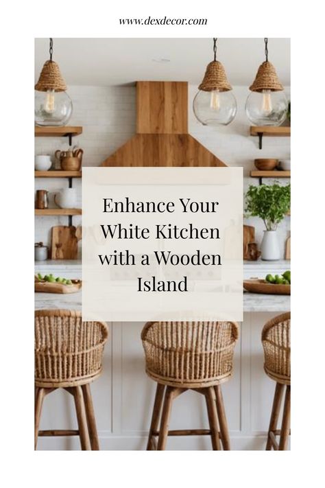 Modern white kitchen with a wooden island and woven pendant lights. White Cabinets Walnut Island, White Kitchen Cabinets Wood Island, Wood And Cream Kitchen, White Cabinets Wood Island, White Kitchen Wood Island, Natural Wood Kitchen Island, White Kitchen With Wood Accents, White Oak And White Kitchen, White Kitchen With Wood Island