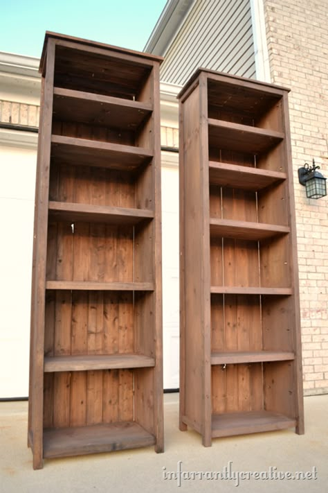 DIY Tutorial for (Restoration Hardware inspired) Bookshelves (also tea-stained wood) How To Make Bookshelves, Diy Bookshelf Plans, Diy Bookshelves, Bookcase Plans, Tall Bookshelves, Bookshelf Plans, Building Furniture, Bookshelves Diy, Diy Holz