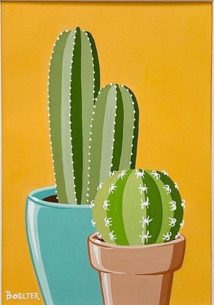 Round Cactus Painting, Cactus Canvas Painting Easy, Easy Acrylic Plant Painting Ideas, Cactus Paintings Easy, Cactus Acrylic Painting Easy, Cactus Painting Simple, Gouache Plants Paintings, Plants Canvas Painting, Acrylic Painting Inspo For Beginners