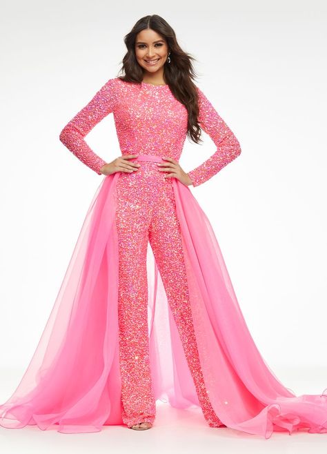 Hot pink long sleeve sequin jumpsuit with hot pink organza over skirt Valentines Pageant Outfit Of Choice, Pageant Interview Outfit Miss, Prom Jumpsuit With Train, Fun Fashion Pageant Outfit, Pageant Poses, Organza Overskirt, Bridal Overskirt, Pageant Aesthetic, Bridal Wedding Gowns