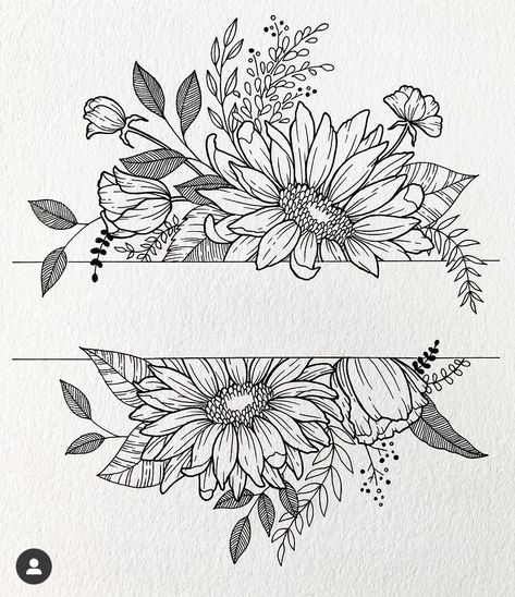 Flower Frame Tattoo Design, Name With Flowers Drawing, Floral Banner Design, Sunflower Drawing Simple Step By Step, Fall Flower Drawings, Border Flower Designs Drawing, Mandala And Flower Tattoo, Wood Burning Templates, Tattoo Borders