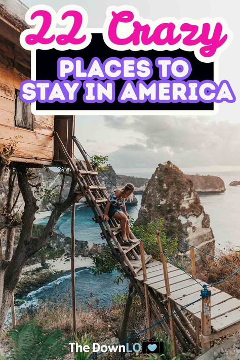 22 Crazy Places to Stay in America. Unique hotel design and architecture around the world makes a crazy vacation concept come to life. Inspiration and ideas for your next trip from outdoor treehouses to mountain and nature retreats. These awesome home rentals and airbnb are not your average resort. From budget to luxury, beach to city, plan to stay at one of these awesome, weird hotels in America or add it to your travel bucket lists. Cool Hotels In United States, Places To Vacation In The Us, Unique Places To Stay In The Us, Unique Travel Experiences, Unique Places To Travel In The Us, Unique Vacations In The Us, Coolest Places In The World, Cool Places To Visit In The Us, Unique Hotel Design