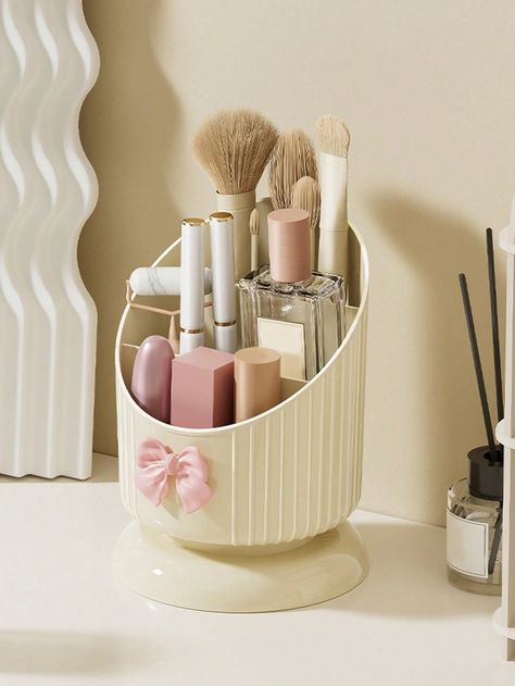 1pc Makeup Brush Holder Organizer,Cream Yellow Cosmetic Storage Box With Cute Bow,Cosmetic Skincare Product Manager Lipstick Holder, Multifunctional Cosmetic Display Box, Cosmetic Storage Box For Household High Beauty, Suitable For Bathroom Vanity And Dressing Table. Makeup Brush Holder And Display Storage Box Beige    PP     Storage & Organization, size features are:Bust: ,Length: ,Sleeve Length: Big Makeup Organizer, Makeup Cart, Makeup Suitcase, Nail Organization, Makeup Training, Makeup Containers, Cosmetics Storage, Makeup Brush Storage, Cosmetic Display