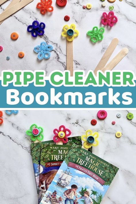 An easy flower craft idea for kids. This easy pipe cleaner craft a perfect  activity for sleepovers! my girls love making these pretty flower bookmarks and they only take a couple minutes to make! Popsicle Stick Bookmarks, Stick Bookmarks, Sleepover Crafts, Easy Popsicles, Homemade Bookmarks, Flower Bookmarks, Make Craft, Pipe Cleaner Flowers, Diy Popsicle