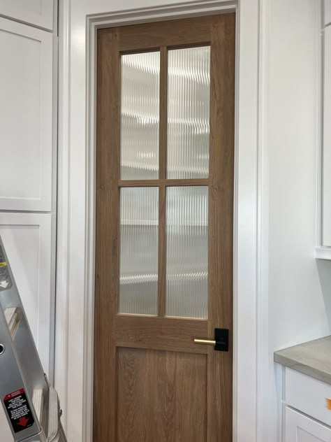 Pantry Door Mid Century, Kitchen To Laundry Room Door, Pantry Door Gold Hardware, Panty Doors Kitchens, French Back Door, Double Doors Into Bathroom, Clear Glass Pantry Door, Ribbed Glass Pantry Door, Replace Pantry Door