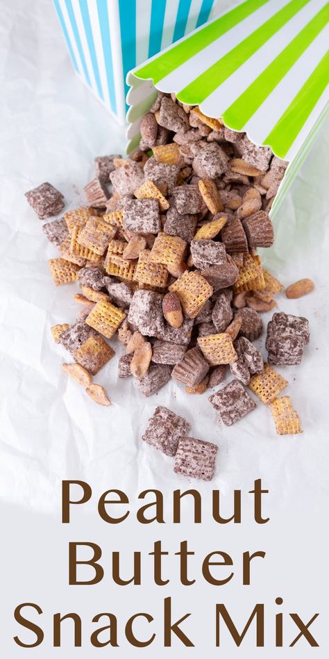 Peanut Butter Snack Mix is filled with peanut butter cereal, chocolate, peanuts, and miniature peanut butter cups! It’s loaded with fun, crunchy, and sweet peanut butter and chocolate flavor in an easy to make snack mix. Reeses Snack Mix Recipes, Peanut Butter Chex Recipes, Chocolate Chex Recipes, Peanut Butter Chex Mix Recipes, Peanut Butter Chex Mix, Chocolate Chex Mix Recipes, Peanut Butter Oatmeal Muffins, Chex Mix Recipes Sweet, Peanut Butter Cereal