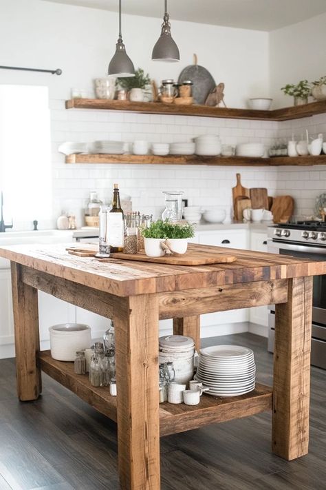 "Bring rustic beauty to your kitchen with a Farmhouse Kitchen Island! 🍳🌾 Perfect for adding character and comfort to your culinary space. 🌟✨ #RusticElegance #KitchenInspiration #FarmhouseLiving" French Cottage Home, Kitchen Prep Table, Rustic Kitchen Island, Farmhouse Kitchen Island, Rustic Farmhouse Kitchen, Cozy Kitchen, French Cottage, Farmhouse Living, Rustic Kitchen