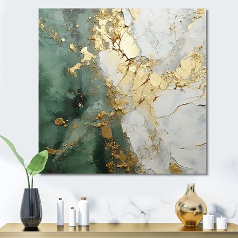 Designart Arte abstracto para pared "Fusión de pintura dorada y verde" - Bed Bath & Beyond - 39980713 Abstract Wall Art Living Room, 3d Metal Wall Art, Acrylic Wall Decor, Metal Wall Sculpture, Abstract Decor, Gold And Green, Art Living Room, Green Paint, Picture Frame Wall