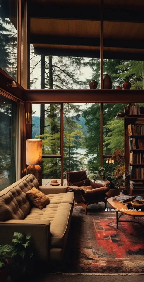 Mid Century Modern Cabin Living Room, Modern Forest House Interiors, 70s Windows, Pnw Interior Design, Pacific Northwest Aesthetic Home, 60s Home Architecture, 70s Nature House, 70’s Architecture, Mcm Cabin