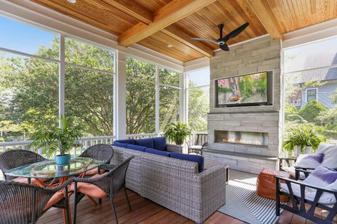 Screened Porch With Tv, Screened In Porch With Gas Fireplace, Outdoor Fireplace Tv Wall, Screened In Porch With Tv, Screened In Porch Fireplace, Screened In Porch With Fireplace, Outdoor Propane Fireplace, Craftsman Style Porch, Craftsman Porch