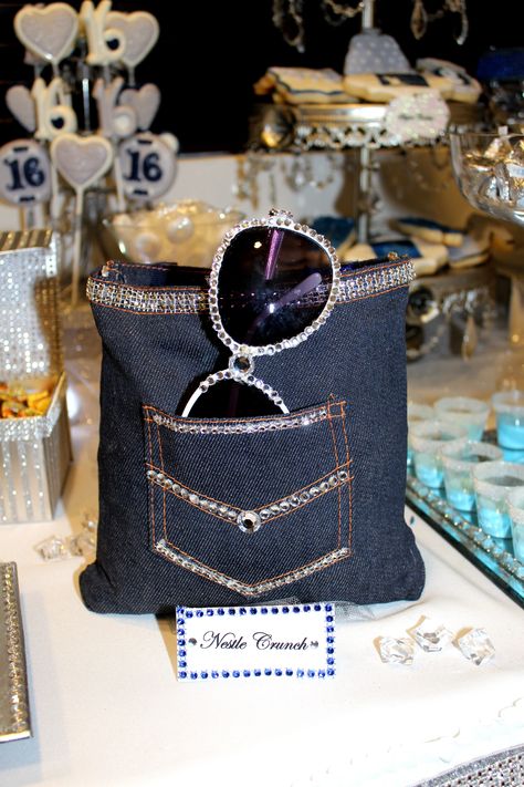 Denim & Diamonds Sweet 16 Candy Table Denim Themed Party, Diamond Theme Party, Diamonds And Denim Party, Sweet 16 Candy, Pearl Images, Denim And Pearls, Diamond Theme, Denim Party, Diamond Centerpiece