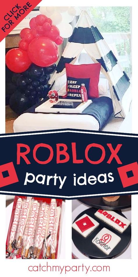 Roblox Sleepover Ideas, Roblox Birthday Party Game Ideas, Gamer Sleepover Party, Roblox Party Games Ideas, Roblox Bday Party Ideas, Roblox Birthday Party Games, 10th Birthday Ideas For Boys, Roblox Sleepover, Roblox Party Ideas For Boys