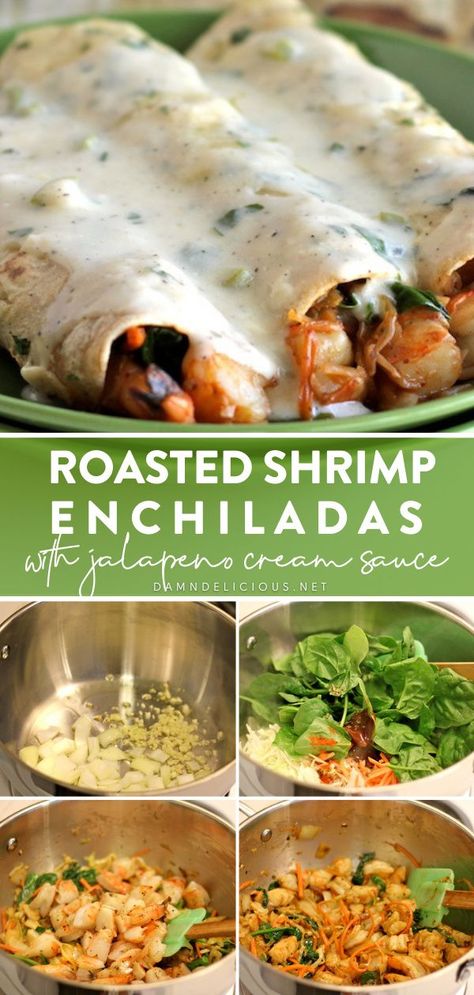 Roasted Shrimp Enchiladas With Jalapeno Cream Sauce, Shrimp And Chicken Enchiladas Recipes, Shrimp And Spinach Enchiladas, Roasted Shrimp Enchiladas, Chicken And Shrimp Enchiladas, Creamy Shrimp Enchiladas Recipe, Easy No Cook Potluck Ideas, Shrimp Enchiladas Recipes Easy, What To Make With Jalapenos