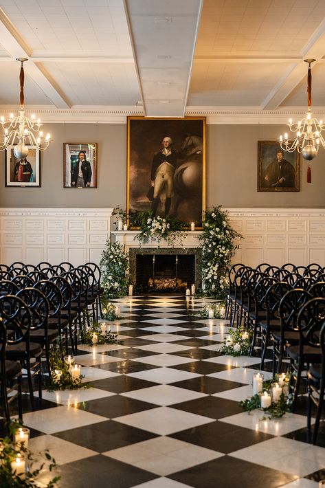 Black Ceremony Chairs, Black And White Wedding Ceremony, Museum Wedding Ceremony, The Aisle Wedding, Gold Wedding Ceremony, Wedding Ceremony Decorations Indoor, Elegant Wedding Ceremony, Wedding Ceremony Chairs, Gold Winter Wedding