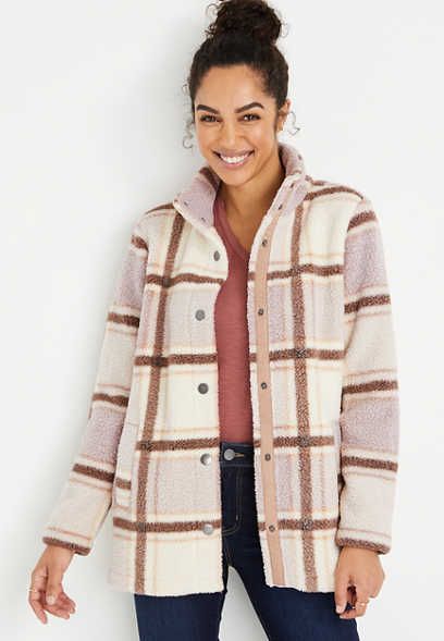 Maurices Plus Size, Plus Size White, Sherpa Fabric, Jacket Beige, Plaid Outfits, Sherpa Jacket, Plaid Print, White Plaid, New Arrival