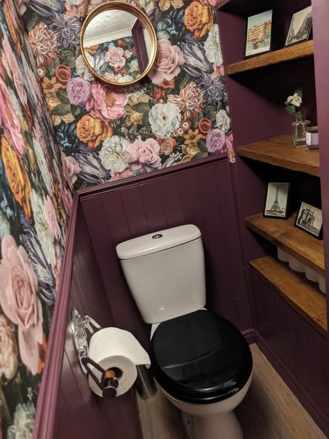 Downstairs toilet with deep dark purple and wallpaper. Follow @atgrovehouse on Instagram for more Purple Toilet Room, Purple Wall Bathroom, Downstairs Toilet Ideas Wallpaper And Panelling, Dusty Purple Bathroom, Dark Purple Bathroom Ideas, Dark Downstairs Toilet, Cloakroom Toilet Downstairs Loo, Dark Purple Bathroom, Bathroom Wallpaper Purple