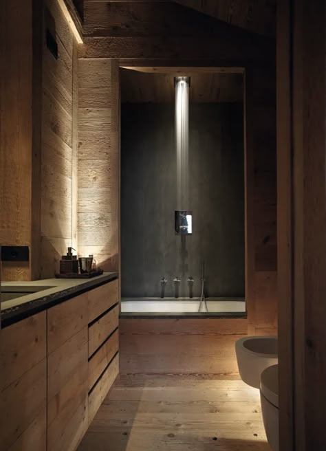 Modern Cabin Bathroom, Chalet Bathroom, Log Cabin Bathroom, Mountain Bathroom, Built In Vanity, Mountain Interiors, Chalet Interior, Chalet Design, Swiss Chalet