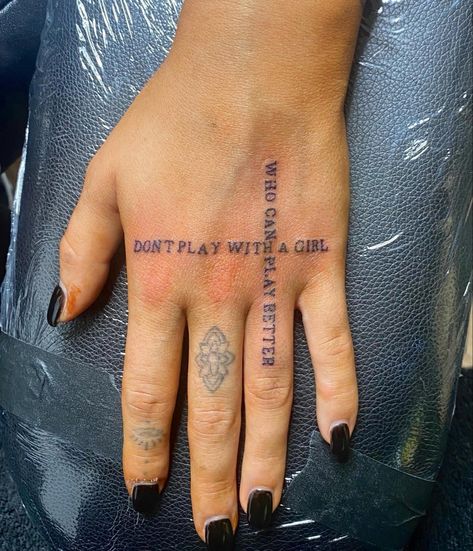 Don’t play with a girl who can play better tattoo on woman’s hand. Font God Created You Different Tattoo, Hand Cross Tattoo, Jesus Hand Tattoo, Cross Tattoo On Hand, Cross Hands, Jesus Tattoo, Cross Tattoo, Hand Tattoo, Tattoos And Piercings