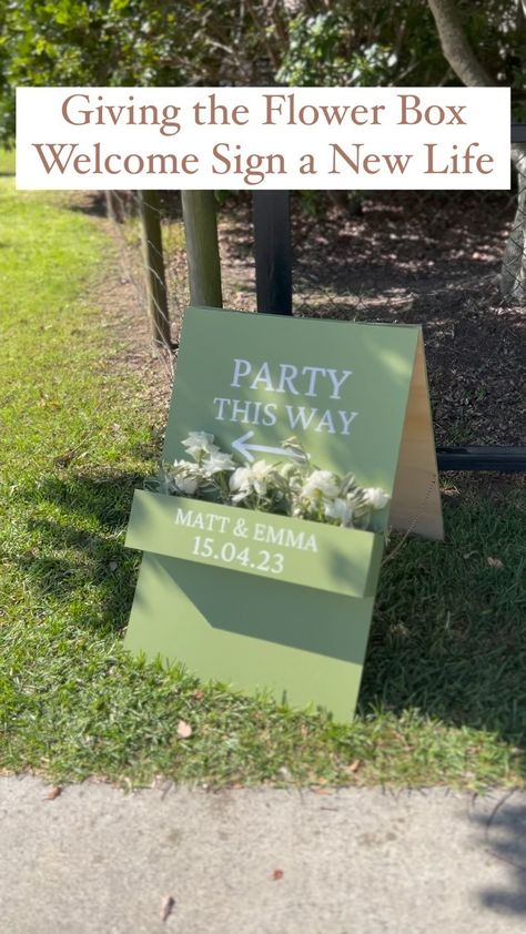 DIY also means being able to give older projects new life for other wedding related events! I reused this welcome sign from my birthday… | Publication Instagram de sami | affordable wedding DIY + ideas | (@samicuff) Party This Way Sign Diy, Flower Box Welcome Sign, Party Planner Business, Chartreuse Wedding, Wedding Diy Ideas, Sign Flowers, Event Entrance, Birthday Instagram, Calligraphy Ideas