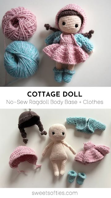 Cottage Doll · No Sew Amigurumi Ragdoll Pattern with Removable Clothes - Sweet Softies Crochet Doll Set, Crochet Doll And Clothes, Crochet Dress Up Doll Free Pattern, Amigurumi Doll Crochet Pattern, Easy Crochet Dolls Free Patterns, Crochet Small Doll Clothes, Crochet Comfort Dolls, Crochet Rag Dolls Free Pattern, Easy Crochet Stuffy