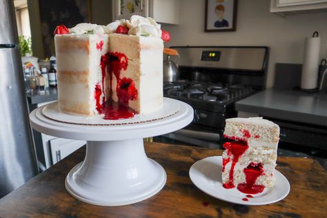 Recipe: Bleeding Cake — Sugared Nerd Creepy Cakes, Heart Cake Recipes, Gothic Birthday Cakes, Cake 2022, Halloween Spread, How To Make Wedding Cake, Clue Party, Raspberry Coulis, Decorator Frosting