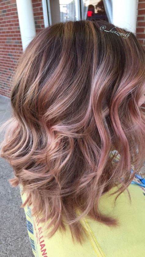 Brown With Rose Gold Balayage, Bronde Balayage Rose Gold, Light Brown With Rose Gold Highlights, Medium Length Rose Gold Hair, Light Brown Hair With Rose Gold, Rose Gold Partial Highlights, Rose Gold Highlights Light Brown Hair, Rose Gold Hair Peekaboo, Rose Gold Lowlights Brunette