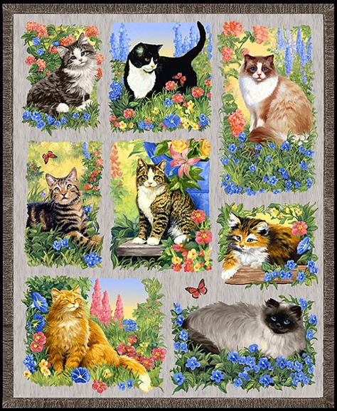 Furr Ever Friends - Happy Garden Cats - 36" x 44" PANEL - Quilt Fabrics from www.eQuilter.com Cat Afghan, Jigidi Puzzles, Gatto Carino, Cat Blanket, Cat Quilt, Kitty Art, Cat Fabric, Cat Artwork, Cats In Art