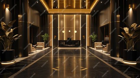 Luxurious Black and Gold Hotel Lobby with Marble Floor and Opulent Walls | Premium AI-generated image Luxurious Lobby Design, Luxury Hotels Lobby Reception, Luxury Lift Lobby Design, Classical Lift Lobby, Black And Gold Luxury Wallpaper For Website, Design Theme, Marble Floor, Hotel Lobby, Black And Gold