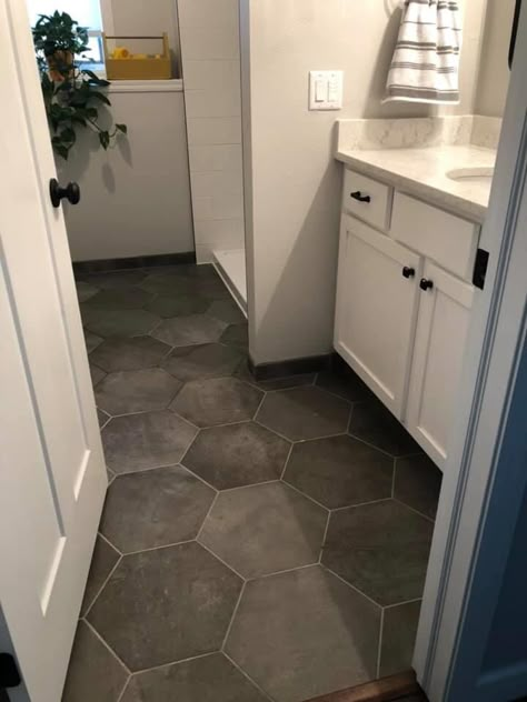 Grey concrete hexagon tile Concrete Hexagon Tile, Gray Hexagon Tile Bathroom, Hexagon Tile Laundry Room, Grey Hexagon Tile Bathroom, Gray Hexagon Tile Floor, Honeycomb Tiles Bathroom, Octagon Tile Bathroom, Hexagonal Tiles Bathroom, Octagon Tile Floor