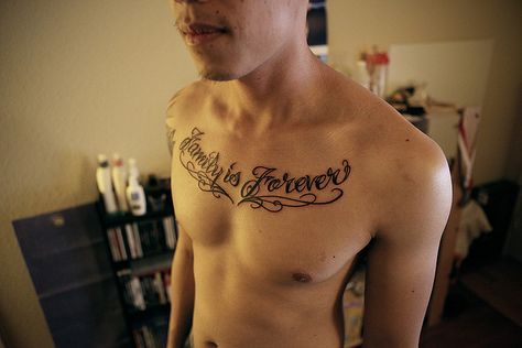 family is forever Chest Tattoo Script, Chest Tattoo Quotes, Collar Bone Tattoo Quotes, Collar Bone Tattoo For Men, Tree Tattoo Men, Forearm Tattoo Quotes, Tattoo Quotes For Men, Family Is Forever, Forever Tattoo