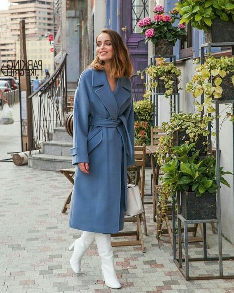 Powder Blue Clothes, Powder Blue Outfit, Blue Coat Outfit, Knitted Jackets Women, Womens Jackets Casual, Blue Coat, Blue Coats, White Boots, Coat Outfits