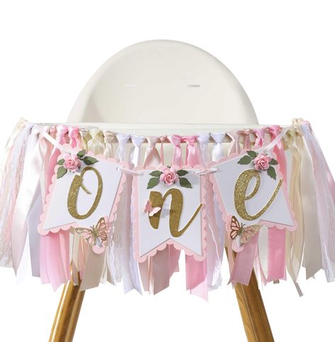 PRICES MAY VARY. ELEGANCE DECORATION FOR YOUR LITTLE ONE’S 1ST BIRTHDAY - Transform your little girl's first birthday into a whimsical celebration with our enchanting Pink and Gold High Chair Banner. Adorned with delicate floral and butterflies, this highchair banner adds a touch of elegance and charm to your princess's special day. FLORAL AND BUTTERFLY DELIGHT - Immerse the high chair in a garden of joy with our carefully crafted banner featuring charming flowers and delicate butterflies. The c Diy Highchair Birthday Banner Ribbon, Hi Chair 1st Birthdays, High Chair Decorations 1st Birthday, One Banner Highchair, Birthday Highchair Decorations, Wildflower 1st Birthday, Onederful Party, One Highchair Banner, Pink 1st Birthday