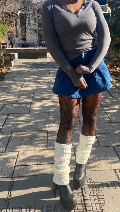 Black women | Style Inspo | Winter Leg Warmers On Arms Outfit, Denim Skirt Outfit Leg Warmers, Slouch Leg Warmers, Sweater Outfits With Boots, Jean Skirt And Leg Warmers, Leg Warmers With Jeans, Outfits Leg Warmers, Slouch Socks Outfit, Socks Over Leggings Outfit