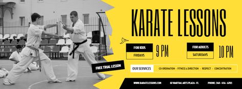 Yellow Karate class Facebook banner template Martial Arts Banner, Karate Banner, Cartoon Eyebrows, Karate Classes, Karate Belt, Facebook Cover Photo, Karate Martial Arts, Desain Editorial, Promotional Flyers