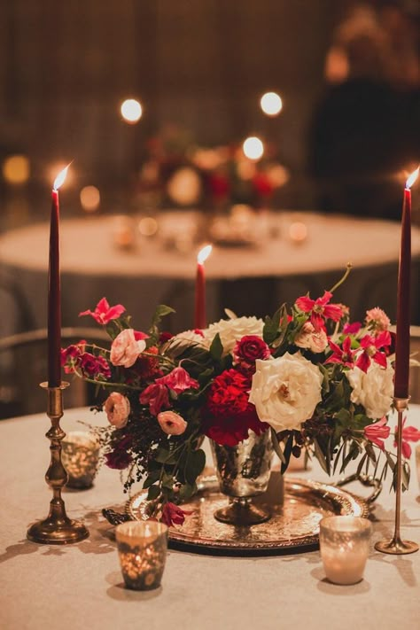 Nyc Winter Wedding, Burgundy Wedding Centerpieces, Candlelit Reception, Nyc Winter, Wedding Motifs, Winter Wedding Flowers, Wedding Floral Centerpieces, Flower Centerpieces Wedding, Wedding Table Settings