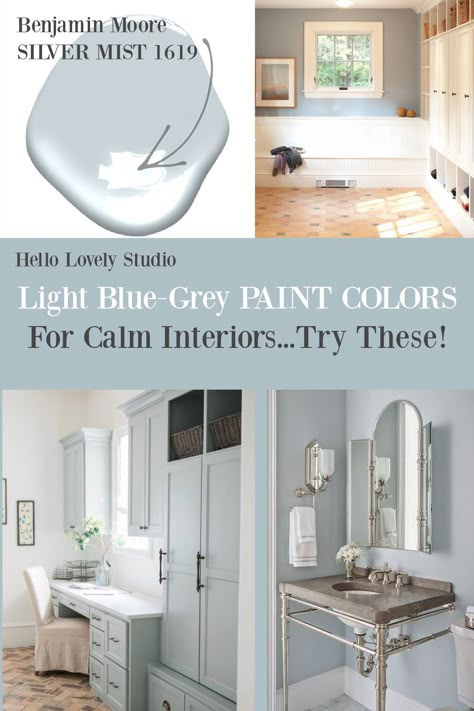 Light grey paint colors for calm interiors - try these on Hello Lovely! #paintcolors #bluegray #greyblue #greypaintcolors Light Blue Grey Paint Color, Light Blue Gray Paint Colors, Light Blue Gray Paint, Blue Grey Paint Color, Blue Grey Paint, Light Blue Grey Paint, Blue Gray Paint Colors, Gray Paint Colors, Light Blue Paints