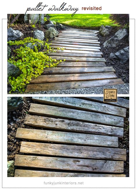 A PALLET WOOD WALKWAY or PATH in the garden gets a fresh undertaking.. and made it unscathed. It's back! See how via Funky Junk Interiors Pallet Walkway, Wood Walkway, Funky Junk Interiors, Garden Walkway, Pallet Garden, Funky Junk, Pallet Wood, Outdoor Projects, Garden Paths