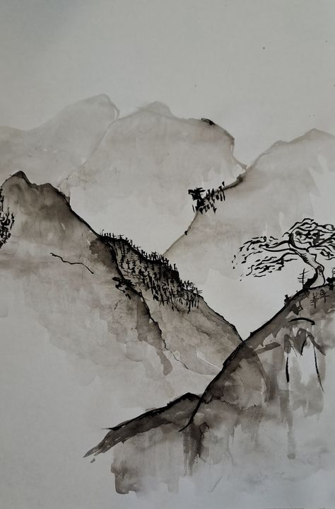 Sumi E Landscape, Ink Wash Drawings, Inkwash Art, Drawing Fundamentals, Different Lettering Styles, Mountain Sketch, Class Art Projects, China Ink, Ink And Wash